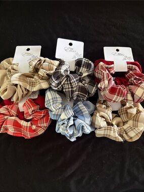 Plaid & Solid Scrunchie Set - Red, Beige, Black, Light Blue Set Of 6